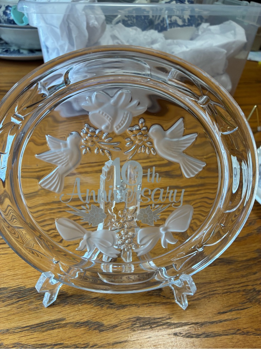 Clear Glass 10th Anniversary Decorative Plate - White Etching